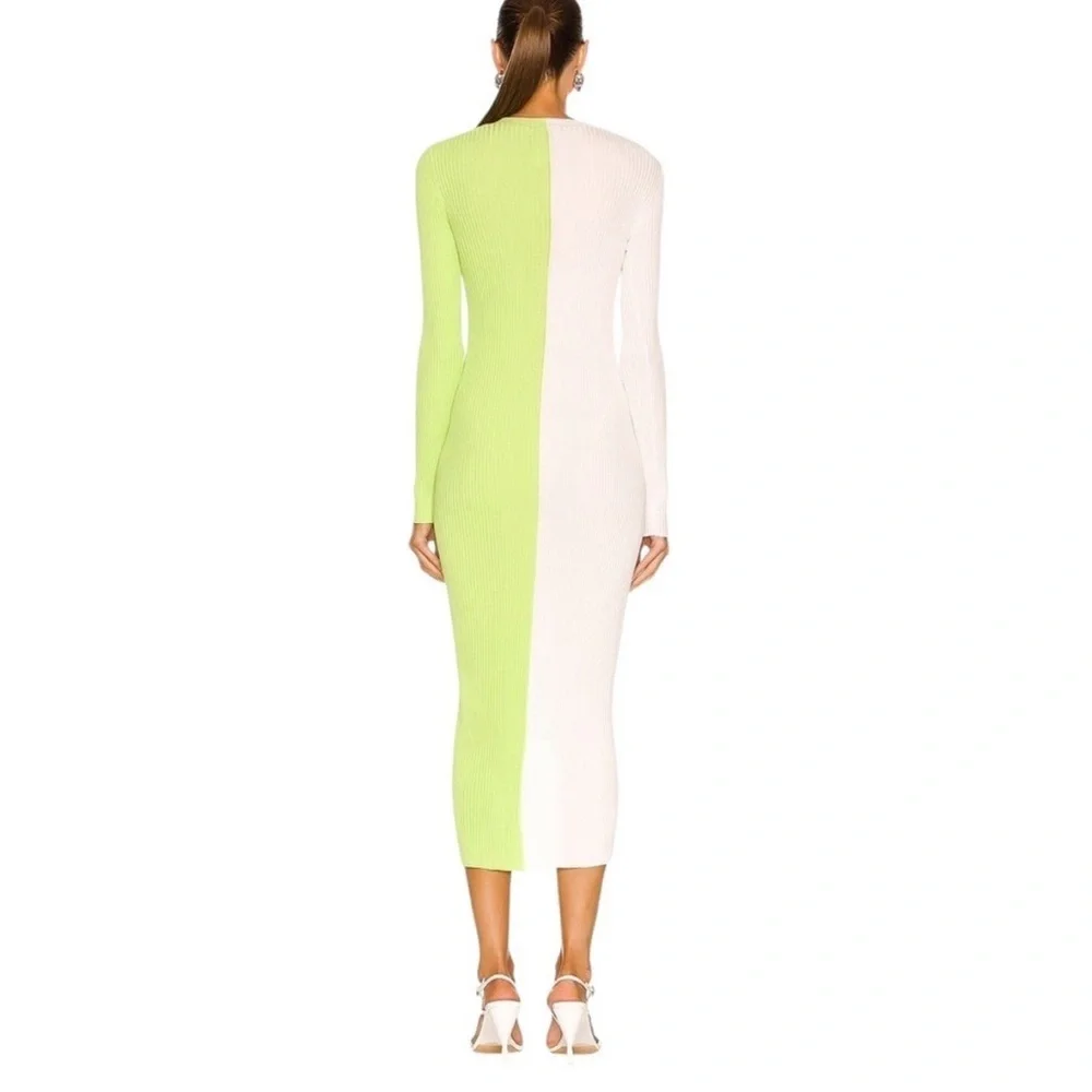 STAUD Shoko Colorblock Knit Dress Lime Green White Size Large Stretch Midi - Picture 2 of 7